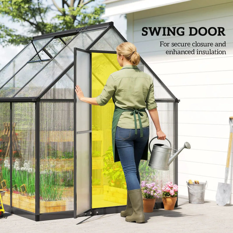 Outsunny 6 x 5.5ft Polycarbonate Greenhouse, Quick Setup Walk in Green House, Push Door, Adjustable Roof Vent, Rain Gutter, Black