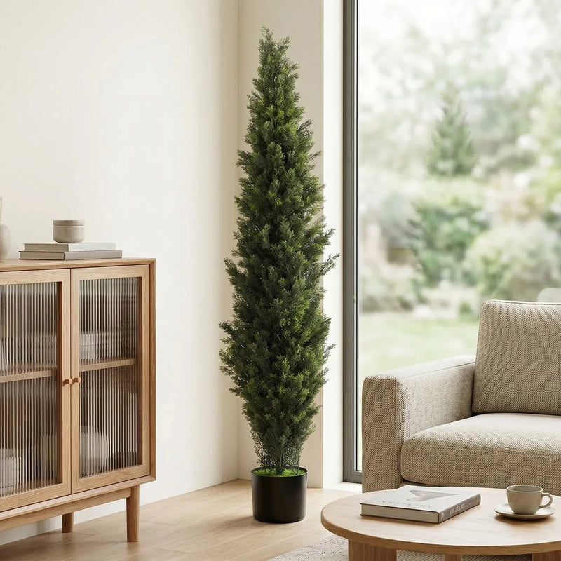 HOMCOM Set of 2 Decorative Artificial Plants Cypress in Weighted Pot, Fake Plant with 2035 Leaves, 150 cm