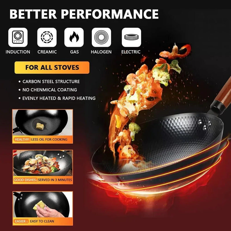 32CM Household Pure Iron Wok Non Coated Cast Iron Pan for Gas Induction Cookers