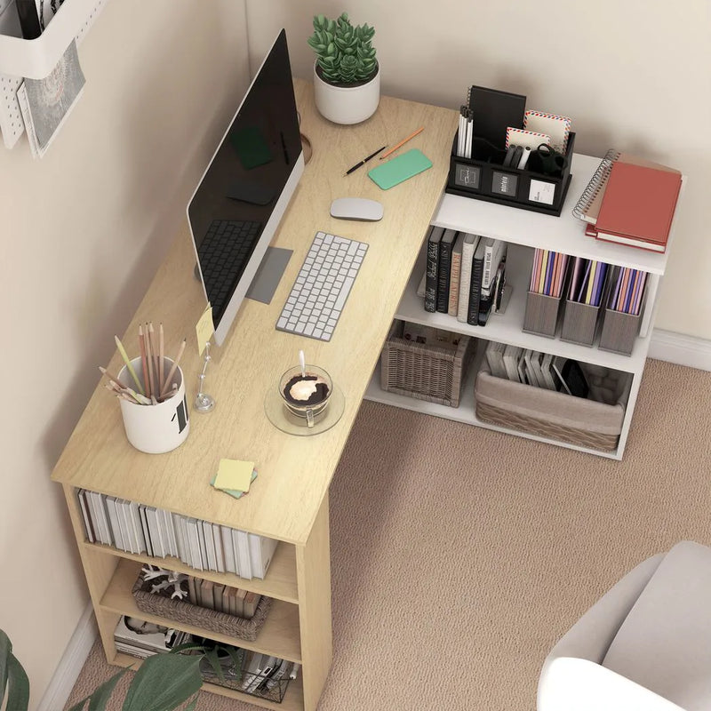 HOMCOM Corner Computer Desk, L Shaped Desk with 360° Rotating Bookshelf, 120L x 110W x 74.5H cm, Natural and White