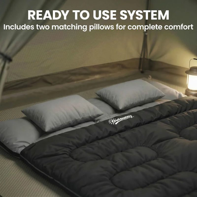 Outsunny Double Sleeping Bag with 2 Pillows, 220 x 160 cm Extra-Large Sleeping Bag for Adults, Black