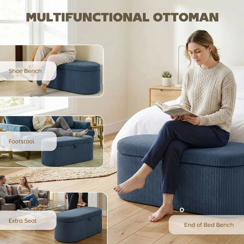 HOMCOM Storage Ottoman, Corduroy Upholstered Ottoman Storage Box with Padded Seat, 105 x 51 x 49 cm, Blue