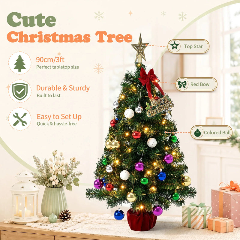 3FT Pre-Lit Artificial Christmas Tree, Green PVC Mini Xmas Tree with 50 Warm White LED Lights (8 Modes), 120 Branch Tips, Tree Topper Star, Bow & Letter Sign Decorations, Red Cloth Wrapped Base, Battery Operated