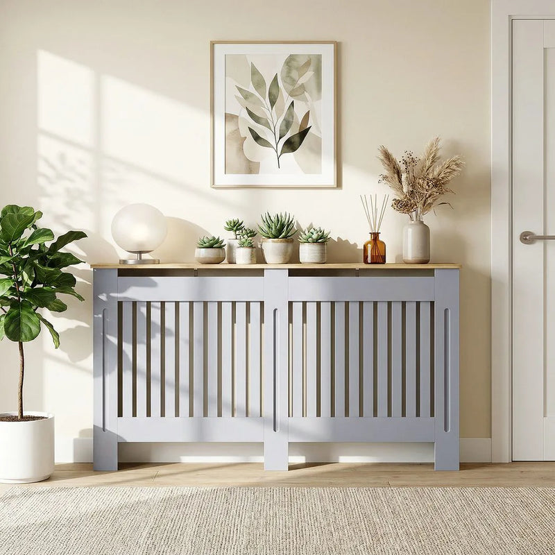 HOMCOM Slatted Radiator Cover, Painted Cabinet with Line Grill Design, 172W × 19D × 81H cm, Grey