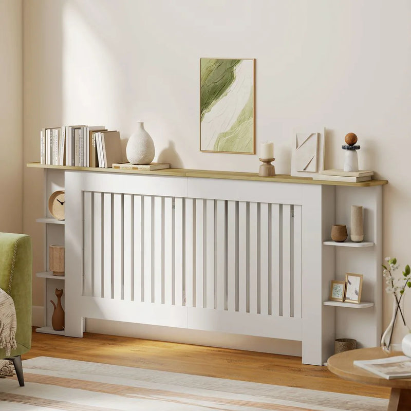 HOMCOM Radiator Cover with Open Storage Shelves, Vertical Slatted Cabinet Shelf Heater Cover for Living Room, Hallway, Extra Large, White