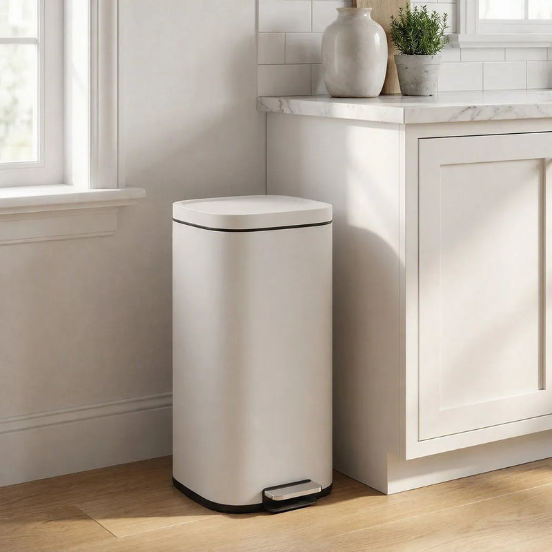 HOMCOM 30L Kitchen Bin, Compact Pedal Bin with Soft-Close and Stay-Open Lid, Removable Bucket for Kitchen, Home, Office, Cream