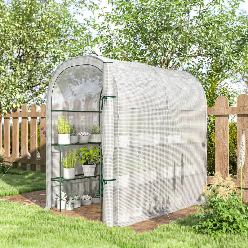 Outsunny Walk-in Greenhouse with Shelves, Small Greenhouse with PE Cover and Roll-up Door, 123 x 187 x 189 cm, White