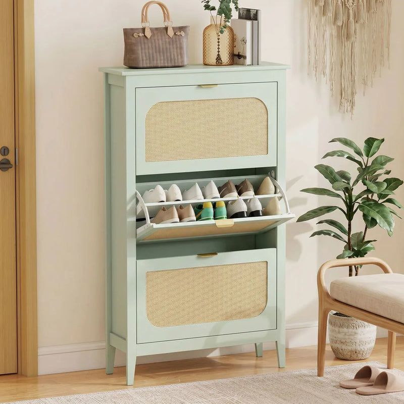 HOMCOM Narrow Shoe Cabinet, Boho Slim Shoe Storage Cabinet with 3 Flip Drawers, Holds 21 Pairs, Light Green