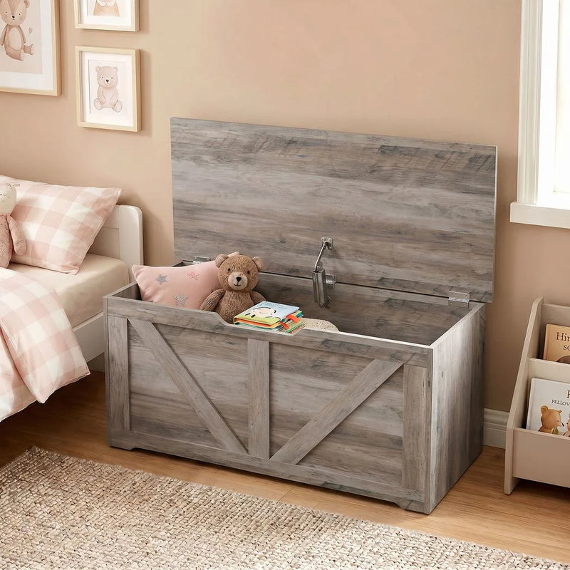 HOMCOM 100L Home Storage Box, with Safety Hinge - Grey Wood-Effect