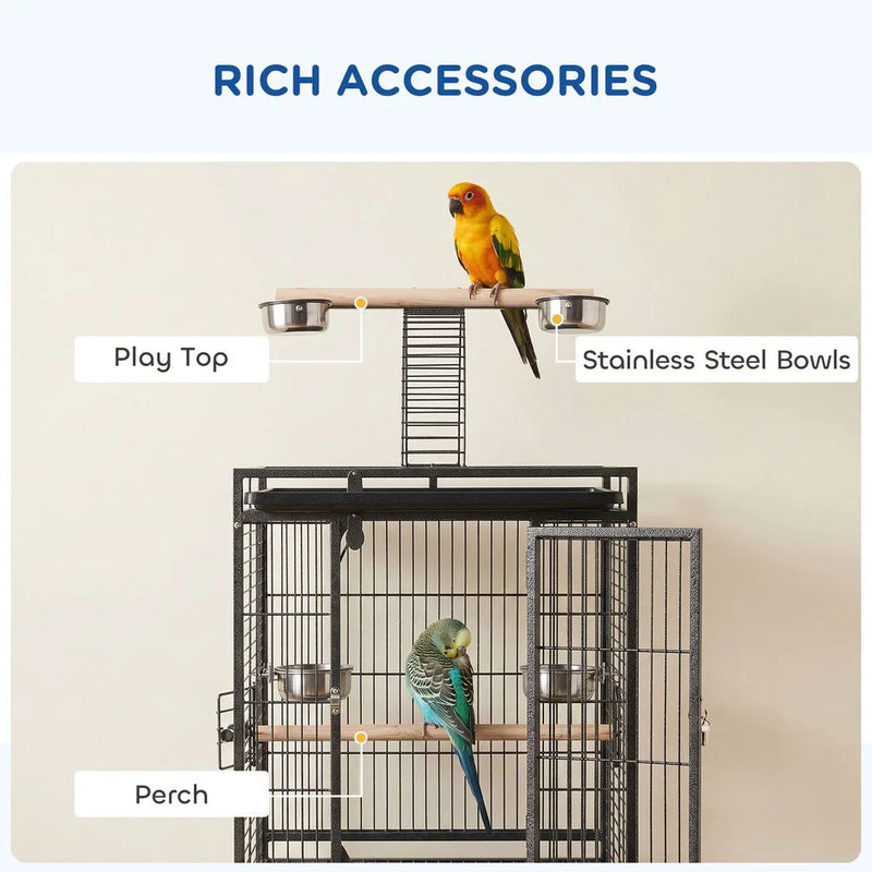 PawHut 156cm Bird Cage, Parrot Cage with Open Play Top, Perch, Seed Guard, Wheels, Storage Shelf, Dark Grey