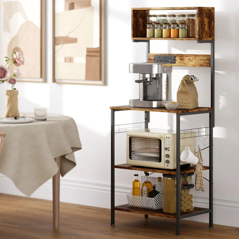 HOMCOM Kitchen Storage Rack, Bakers Rack with Power Outlet, USB Charger, Rustic Brown