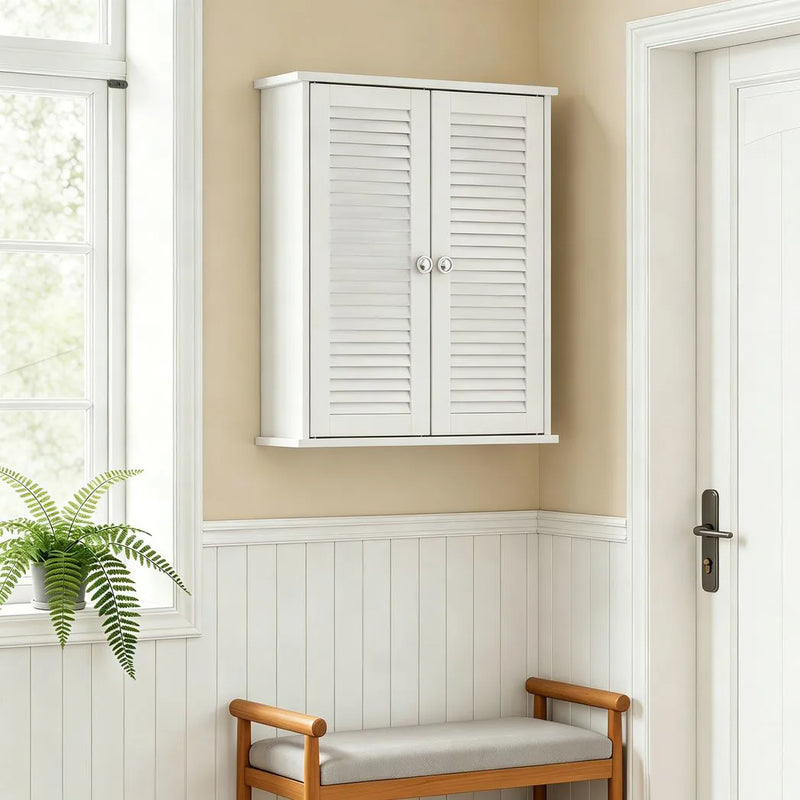 HOMCOM Bathroom Cabinet, Bathroom Wall Cabinet with Louvered Doors and Adjustable Shelf Storage for Kitchen, White