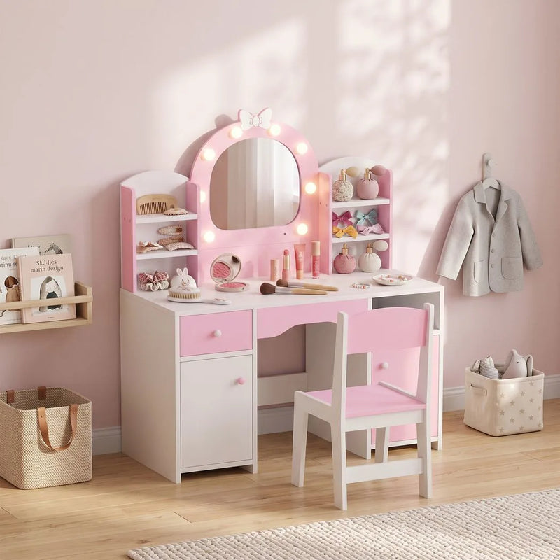 AIYAPLAY Kids Vanity Set, Kids Dressing Table with Stool, 2-Colour Lights Mirror, Cabinet, Drawer and Shelves, Pink