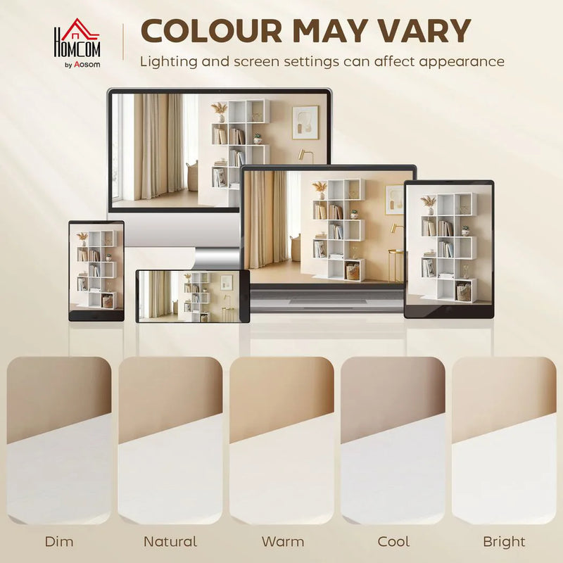 HOMCOM 5-Tier Bookshelf, S Shaped Geometric Bookcase with 15 Compartments, White Wood Effect