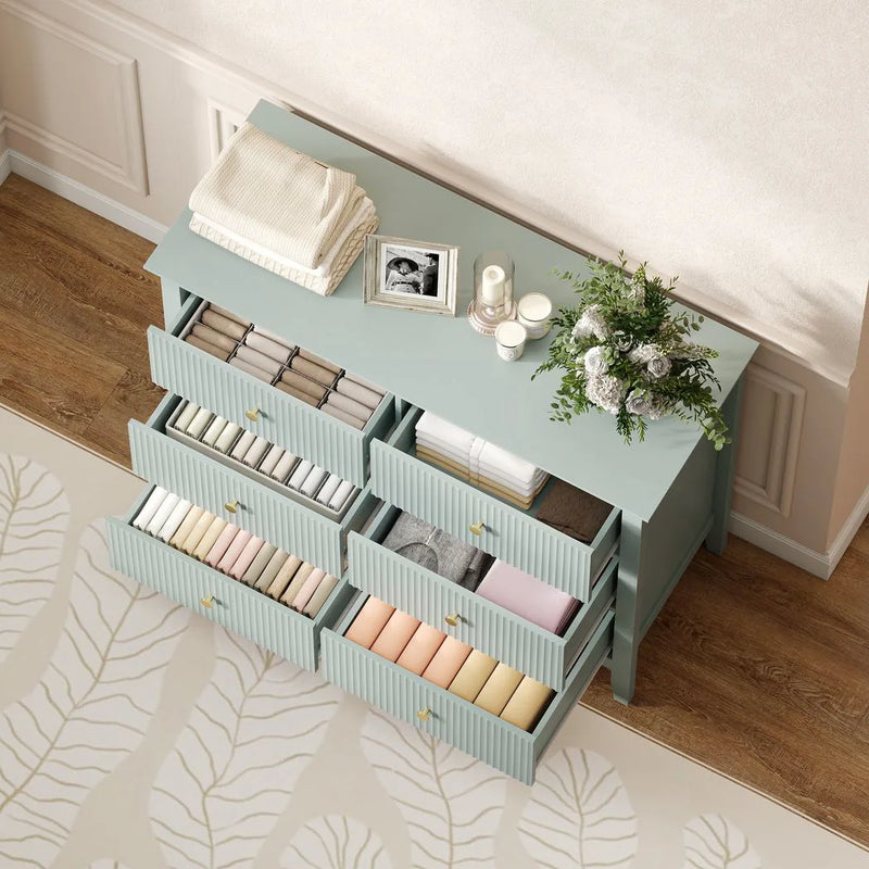 HOMCOM Fluted Dresser, 6 Drawer Chest of Drawers for Bedroom, Living Room, Hallway, Closet, Green
