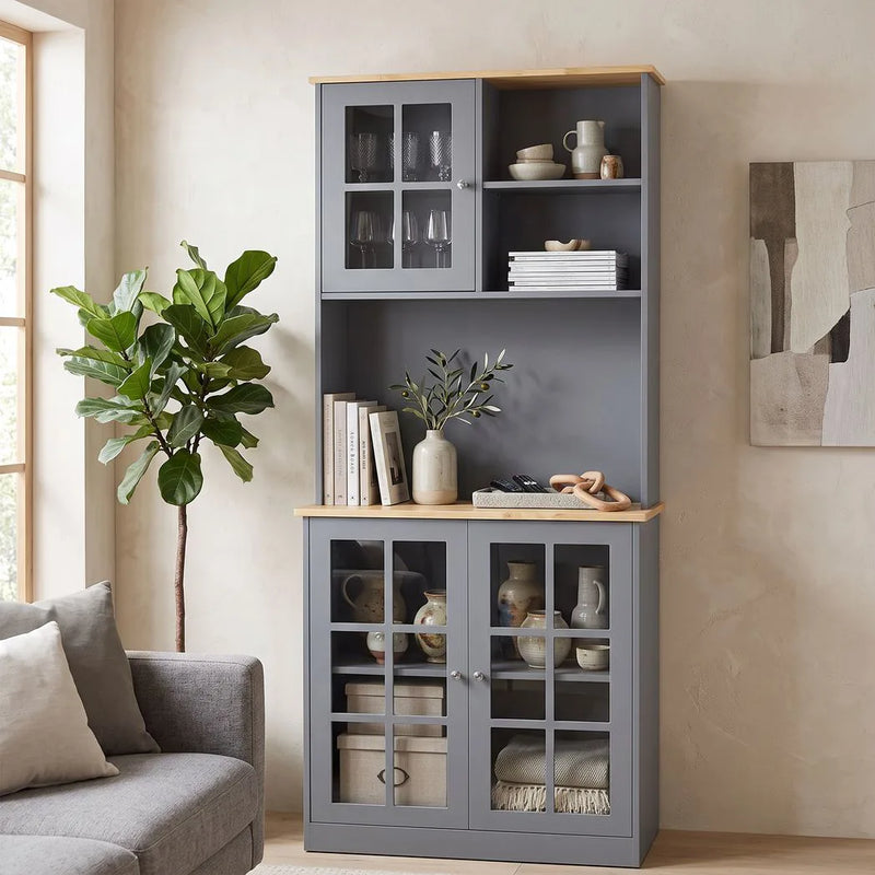HOMCOM Kitchen Pantry, Buffet Hutch with 3 Storage Cabinets, 2 Open Shelves and Large Countertop for Kitchen, Grey