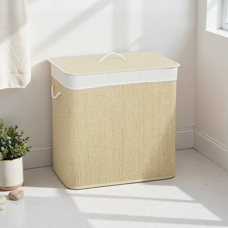 HOMCOM 3 Section Laundry Basket with Lid, 144L Bamboo Laundry Hamper with Handles, Removable and Washable Liner, Cream White