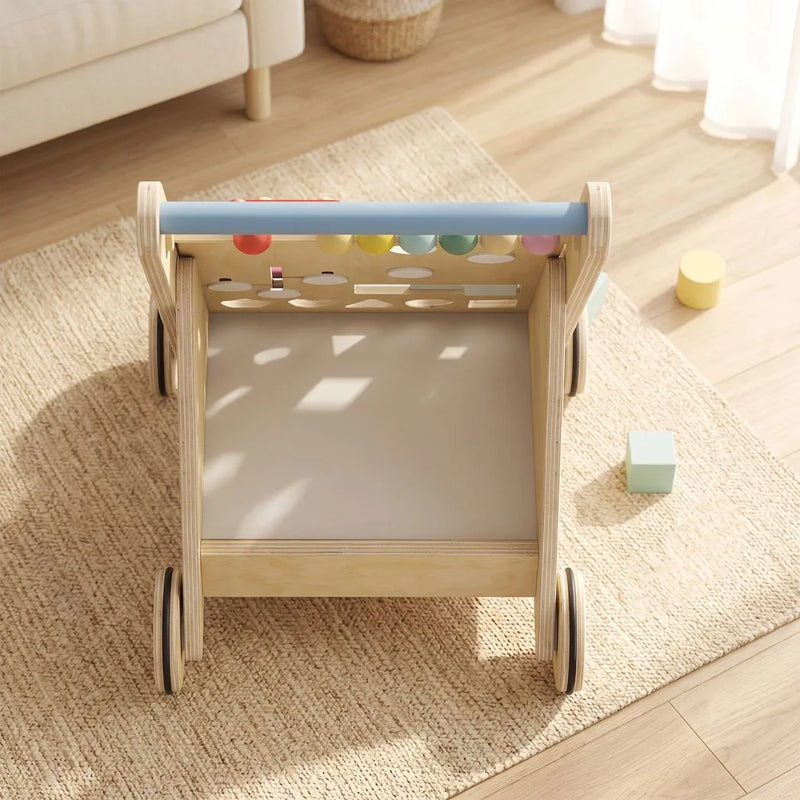 AIYAPLAY Wooden Baby Walker, Toddler Push Along Walker with Speed Control, Activity Centre and 5 Blocks for 18 Months, Natural