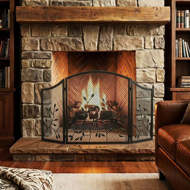 HOMCOM 3-Panel Folding Fireplace Screen for Hearth Protection, Heat-Resistant Metal Fire Spark Guard, Black