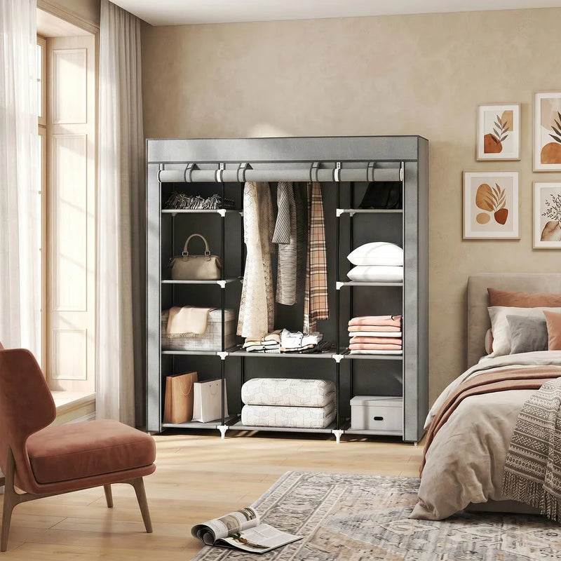 HOMCOM Clothes Storage Organiser with Hanging Rail, Shelves, Portable Wardrobe, Foldable Fabric Wardrobe, Light Grey