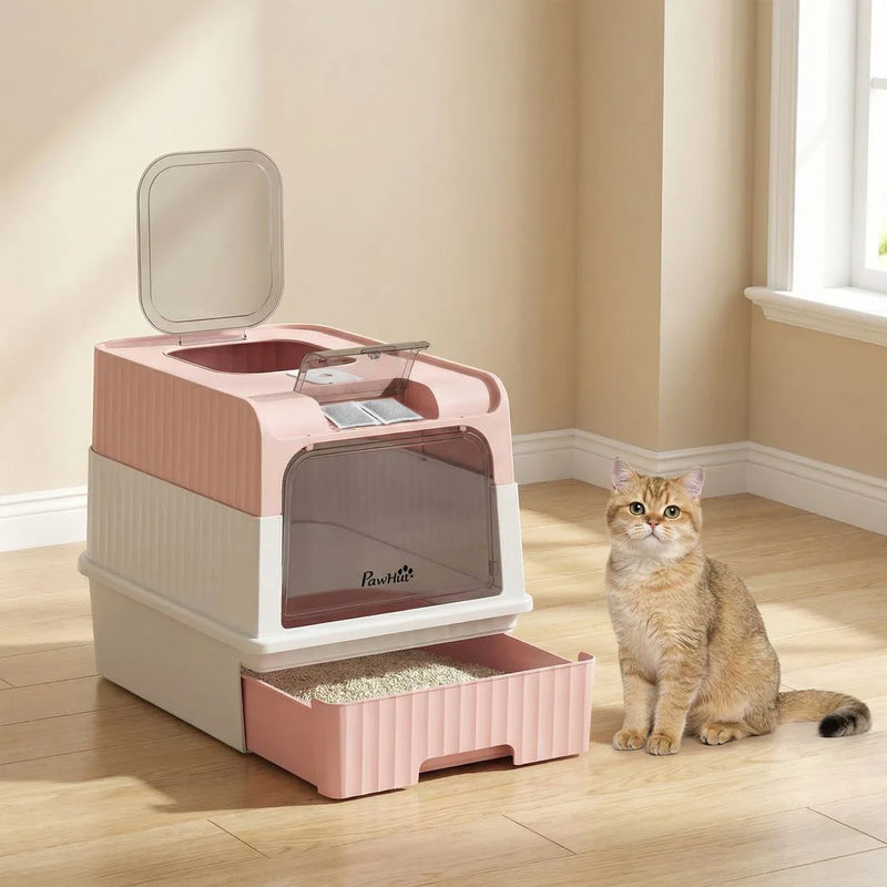 PawHut Enclosed Cat Litter Box with Lid, Pull-Out Drawer Tray, Scoop, 2 Deodorisation Bags, Front Entry & Top Exit, Pink