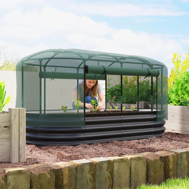 Outsunny Galvanised Raised Garden Bed Kit with Self Watering System and Mesh Cover, Garden Boxes, 6x3Ft, Dark Grey and Green