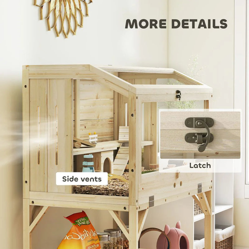 PawHut 2 Tier Wooden Hamster Cage with Shelf and Openable Top