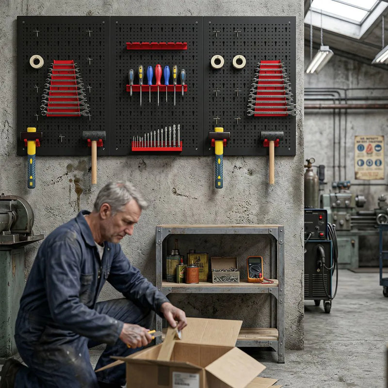 HOMCOM 28 Pcs Wall-Mounted Pegboard with 3 Boards, Garage Tool Storage Unit Black and Red