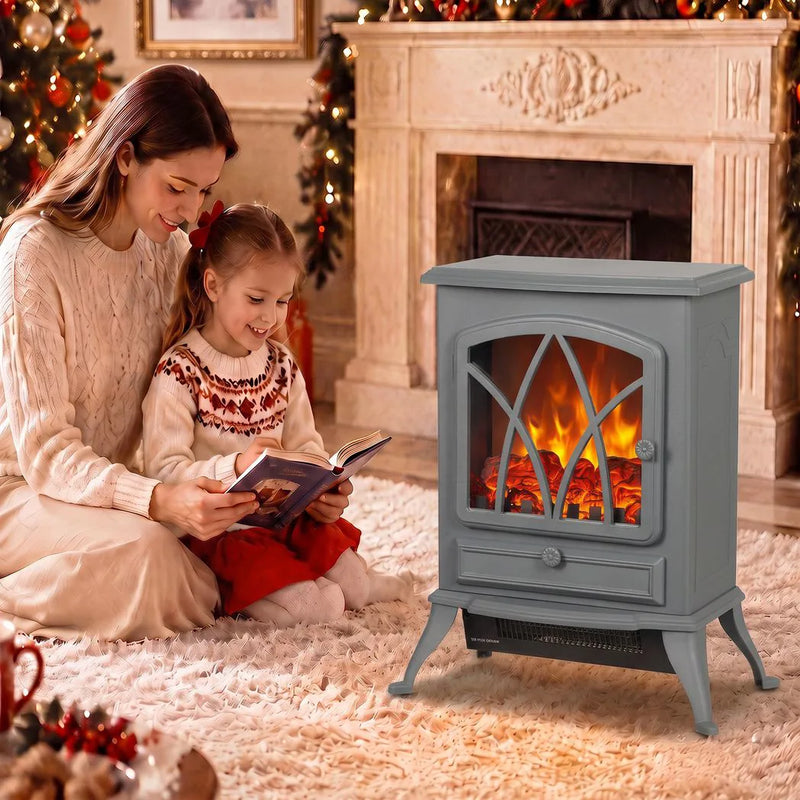 HOMCOM 1kW-2kW Vintage Electric Fireplace Heater - Grey
