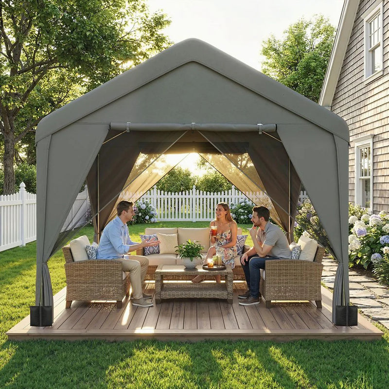 Outsunny 3 x 3 m Patio Gazebo with Netting & Curtains, Outdoor Canopy Shelter with Galvanised Steel Frame, Dark Grey
