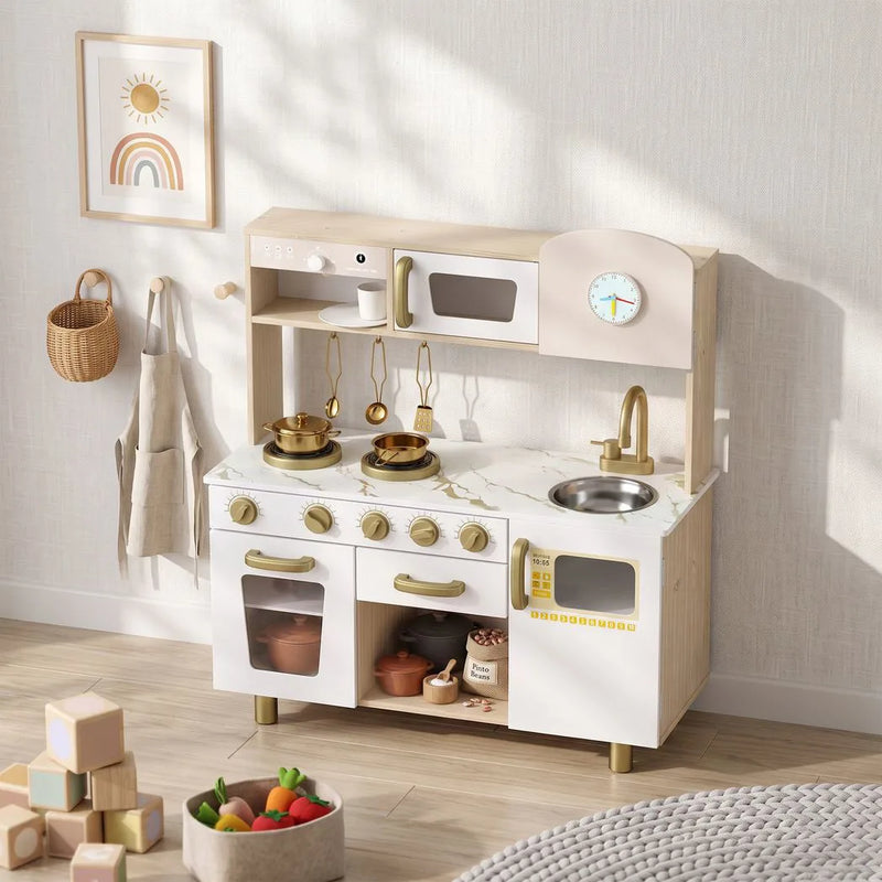 AIYAPLAY Play Kitchen, Kids Kitchen Playset with Rotating Coffee Machine, Storage Shelf, Stove, Gift for Kids 3-6 Years, White