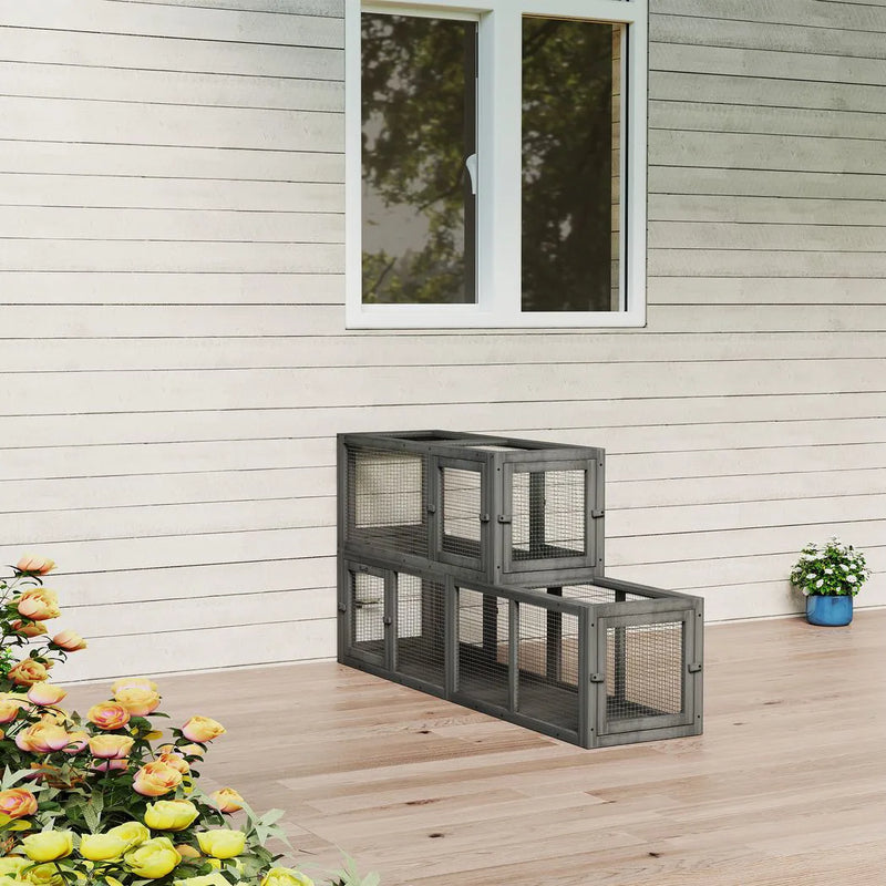 PawHut Cat Tunnel, 250cm Extra Long Wooden Cat Play Tunnel with 8 Doors, L-shape/Rectangle, Outdoor Cat Enclosure, Dark Grey
