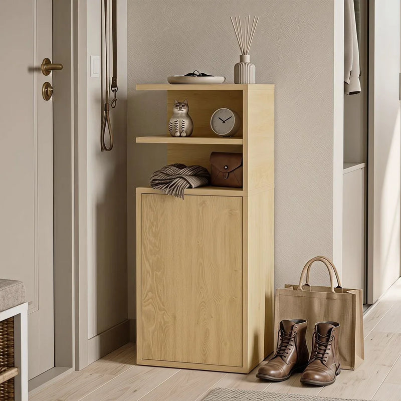 HOMCOM Slim Bedside Table Set of 2, Narrow Bedside Cabinet with Open Cubbies and Cupboard for Bedroom Living Room, Oak