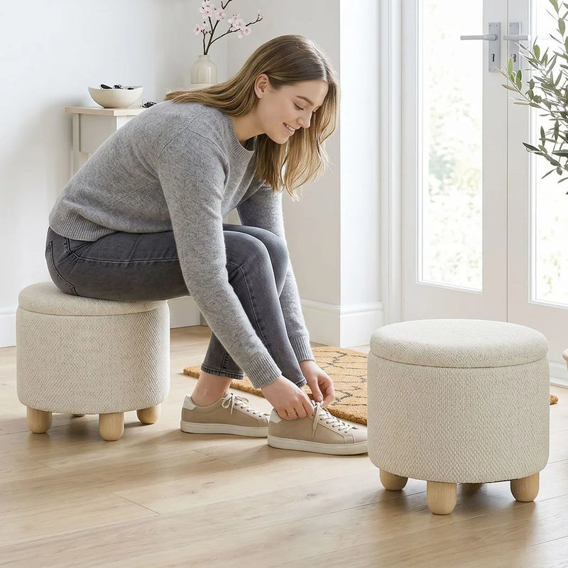 HOMCOM Storage Sitting Bench with Lid, Round Storage Ottoman with Rubberwood Legs, Beige