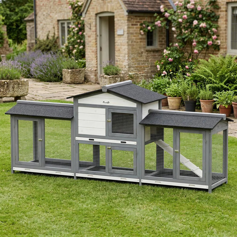 PawHut 2-Tier Large Rabbit Hutch Outdoor with Double Side Run Boxes, No-leak Plastic Tray, Ramp, 230 x 53 x 93.5cm, Light Grey