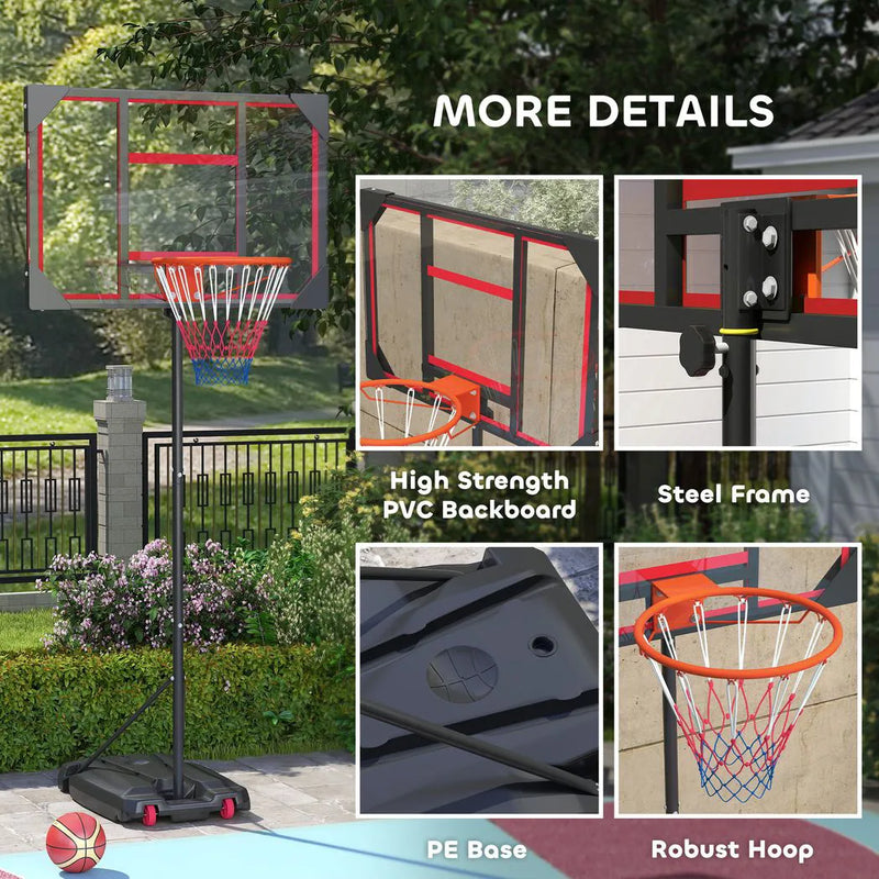 AIYAPLAY Basketball Hoop Outdoor Indoor, 210-260cm Height Adjustable Basketball Hoop with Wheels, Larger Base, for 6 Years, Red