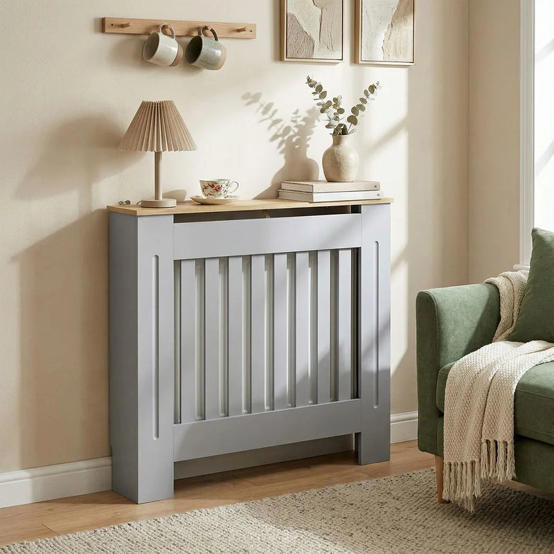 HOMCOM Heater Cover, Radiator Cover Slatted Painted MDF Lined Grill Grey, 78W x 19D x 81H cm