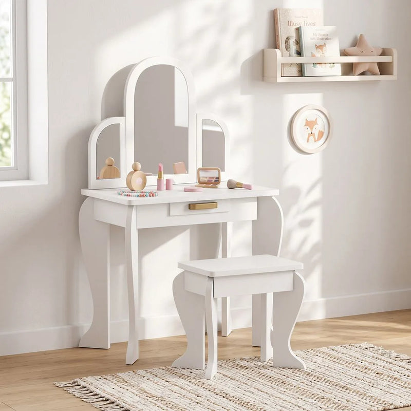 HOMCOM Kids Dressing Table Set, with Mirror and Drawer - White