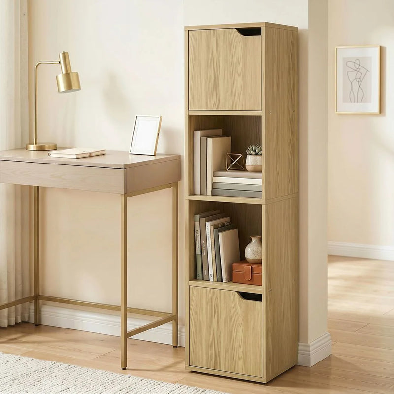 HOMCOM Narrow Bookcase, 4-Tier Bookshelf, Storage Cabinet with doors for Living Room, Bedroom, Oak