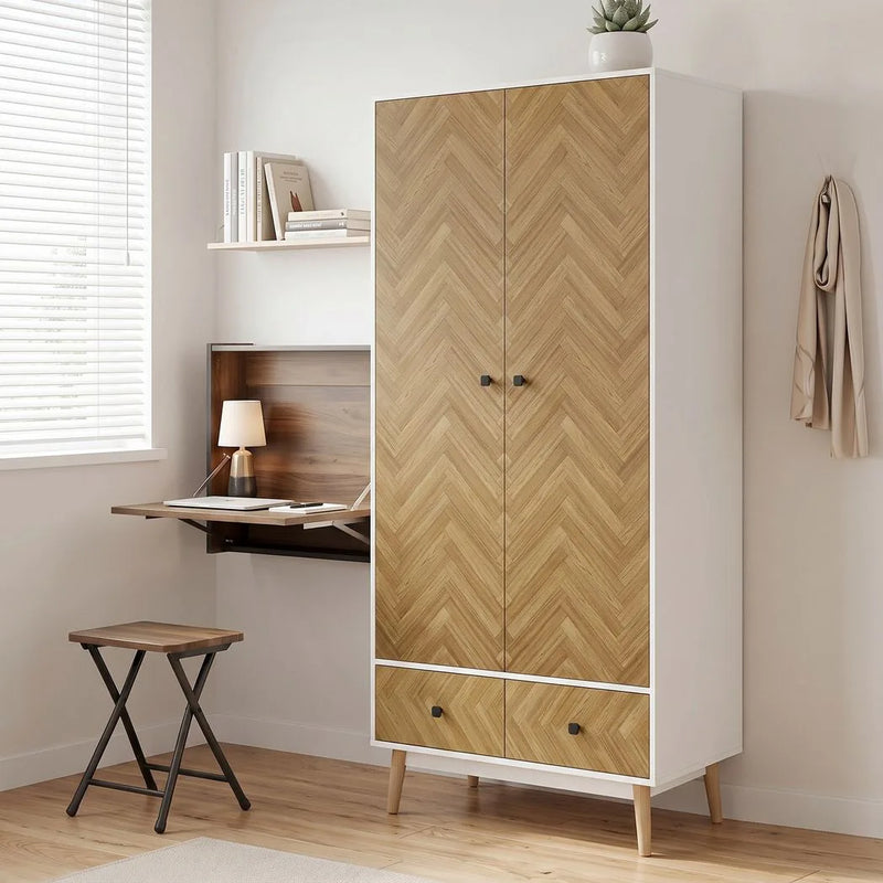 HOMCOM Cabinet Wood-Effect Sticker Surface, Modern Wardrobe with 2 Hanging Rods, 2 Storage Shelves and 2 Drawers, White