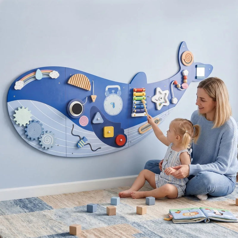 AIYAPLAY Whale Activity Wall Busy Board, 13 in 1 Montessori Inspired Sensory Wall Panel for Playroom Nursery Boys Girls 2, Blue