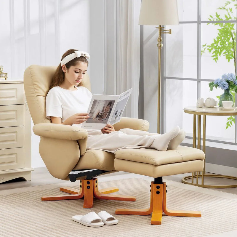 HOMCOM PU Leather Swivel Recliner Chair with Footstool, Wooden Base and Storage for Living Room, Beige