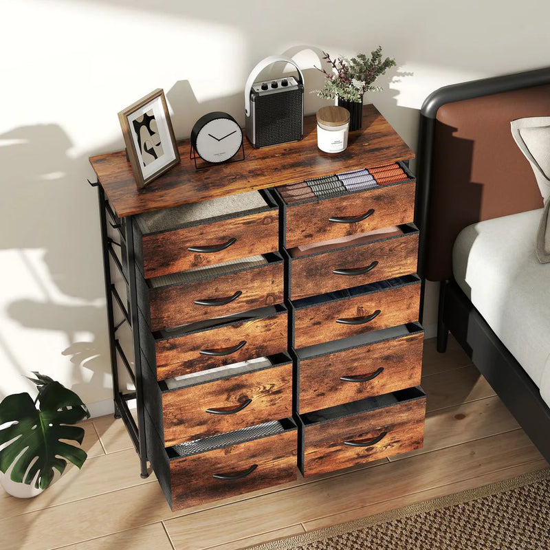 HOMCOM Chest of Ten Fabric Drawers - Rustic Brown