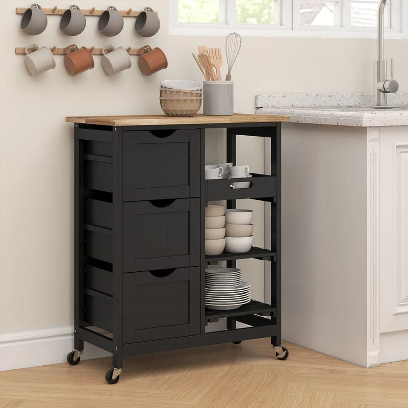 HOMCOM Rolling Kitchen Island Cart, Bar Serving Cart, Compact Trolley on Wheels with Wood Top, Shelves & Drawers for Home Dining Area, Black