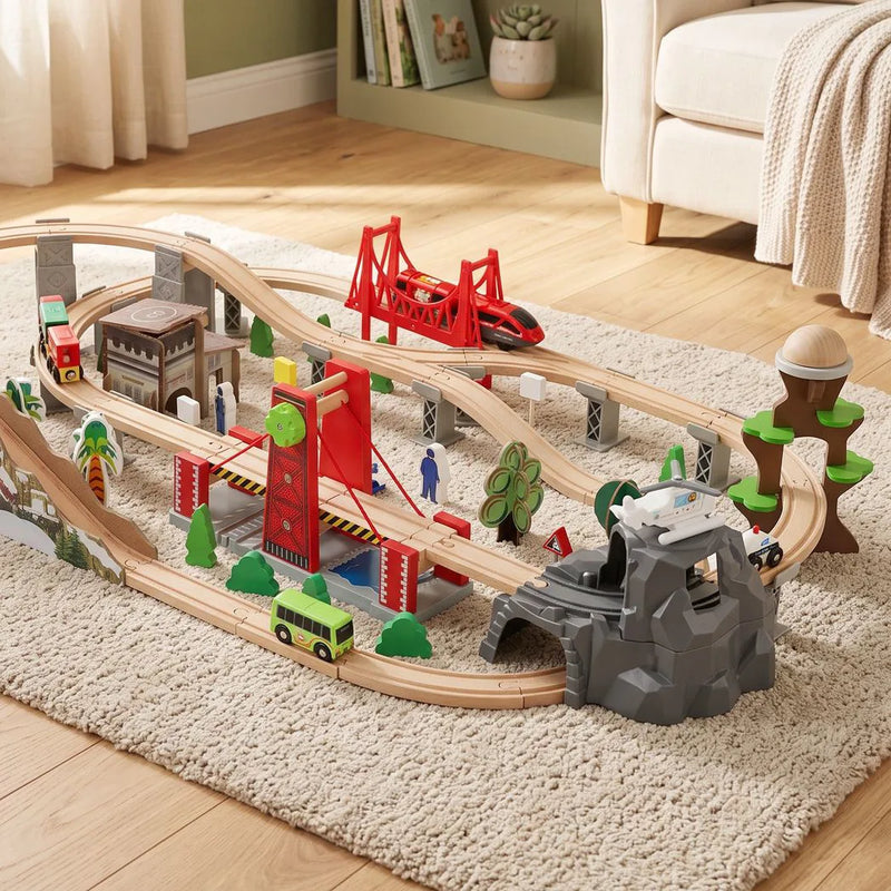 AIYAPLAY 100 Piece Wooden Train Set for Kids 3 Years with Track, Crane, Battery Operated Train