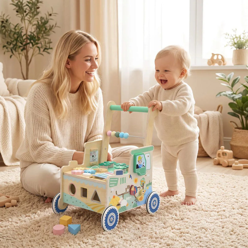 AIYAPLAY Wooden Baby Walker for 1-3 Year, Montessori Inspired Push Along Walker Toys, Multifunctional Activity Centre