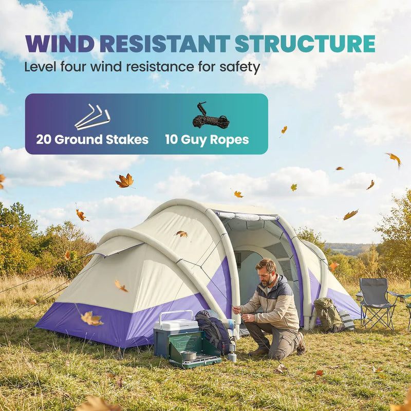 Outsunny Inflatable Tent 2 Bedroom Tunnel Design Windproof Air Tent with Carry Bag for 4 Person