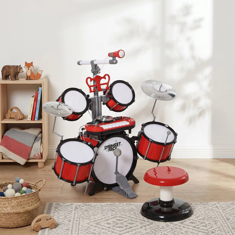 HOMCOM Kids Drum Set for Beginners, Drum Kit with Toy Microphone, Cymbal, Pedal & Drumsticks, Educational Musical Toy, Red