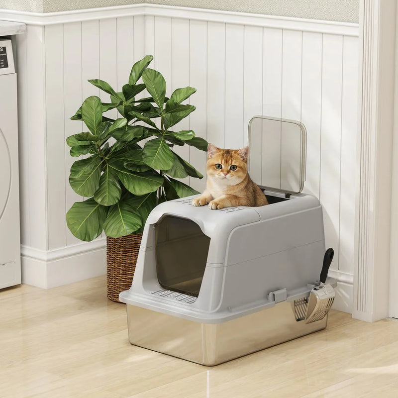 PawHut Extra Large Stainless Steel Litter Box, Enclosed Cat Litter Tray with Scoop, Deodorizer Bag, Front-Entry and Top-Exit