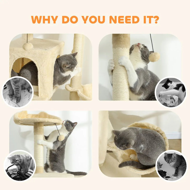 PawHut 180cm Large Cat Tree Tower with Sisal Scratching Posts, Condos, Plush Perches, Hammock, Ladder, Beige